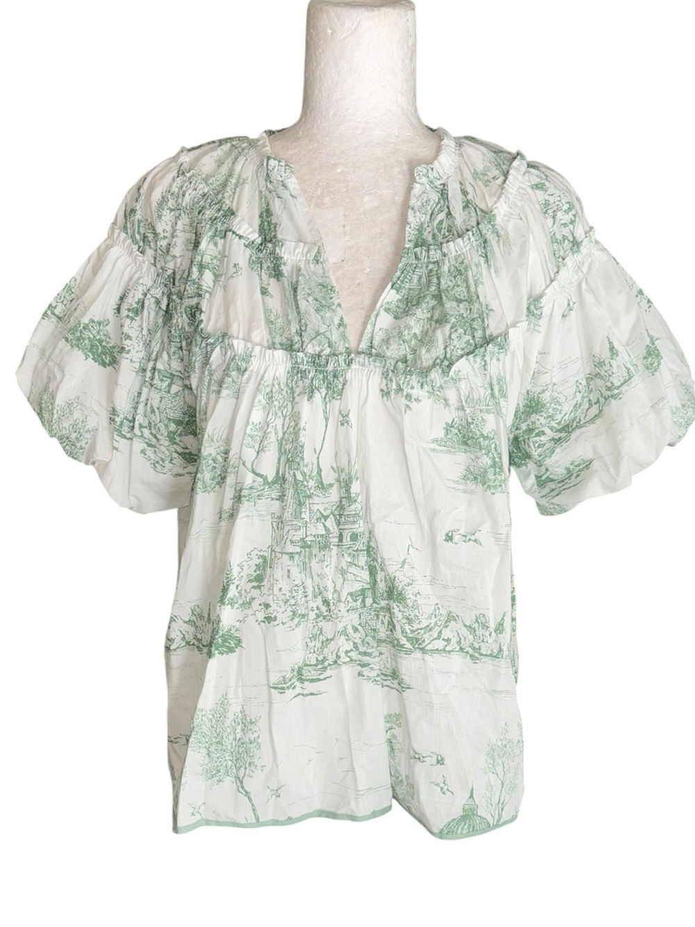 LN Umgee Green White Toile Print Puff Sleeve Poplin Blouse in Sea Green - S - Picture 3 of 13